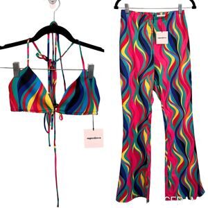 SUPERDOWN Tamera Bra & Pants 2-Piece SET S Revolve Abstract in Red Festival NWT